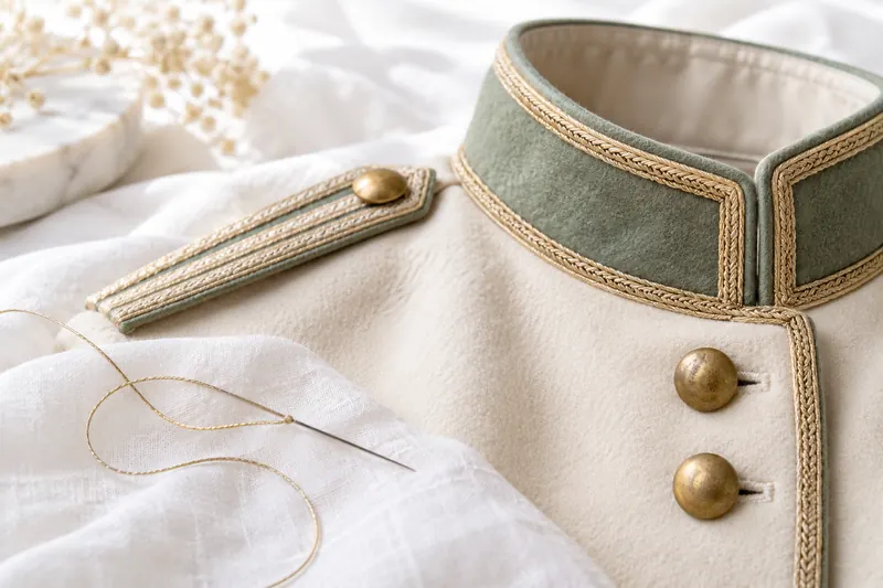 Helle Uniform mit Goldlitze und Messingknöpfen auf Leinen